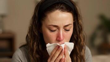 Frau mit kalt weht ihr Nase mit ein Gewebe drinnen während das Tag video