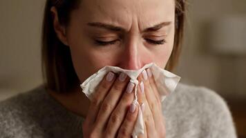 Frau Abdeckungen Nase mit Gewebe fällig zu Krankheit im ein Innen- Rahmen video