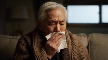 Senior Mann weht seine Nase mit ein Gewebe auf Couch beim Zuhause während das Nachmittag video