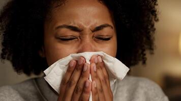 Frau weht ihr Nase mit ein Gewebe im Innen- Rahmen beim Nacht video