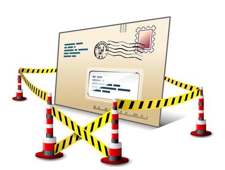 Mail located in restricted area. Dangerous envelope surrounded barrier tape. Illustration about mail safety, information security, internet privacy, antivirus software, e-mail spam vector
