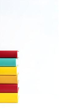 A vertical stack of brightly colored hardcover books isolated on a clean white background, creating minimalist copy space for text photo