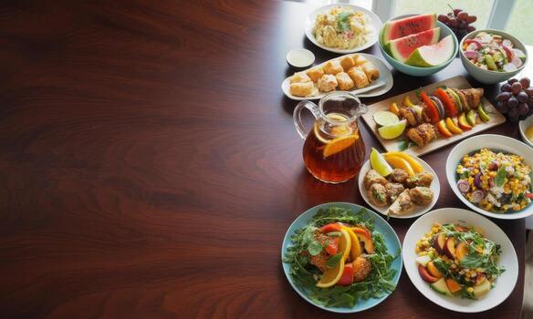 gastos generales ver de un abundante verano banquete con varios platos en un oscuro madera mesa foto