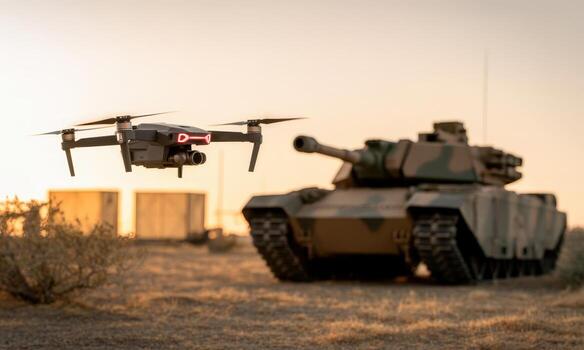 Advanced drone flying over a military tank in a desert landscape at golden hour photo