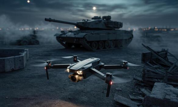 Advanced FPV drone hovering over a desolate battlefield with a military tank at night photo