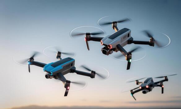 Three modern camera drones flying in formation against a clear blue sky photo