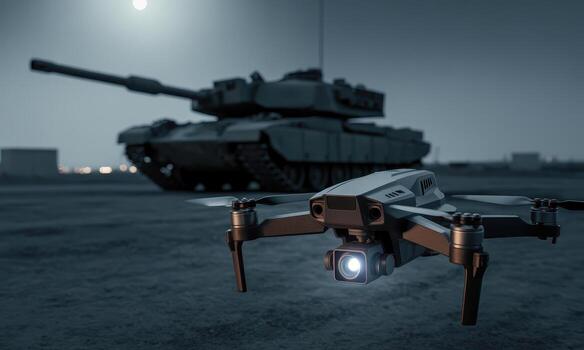 Advanced military drone with bright camera light hovering near a battle tank at night photo