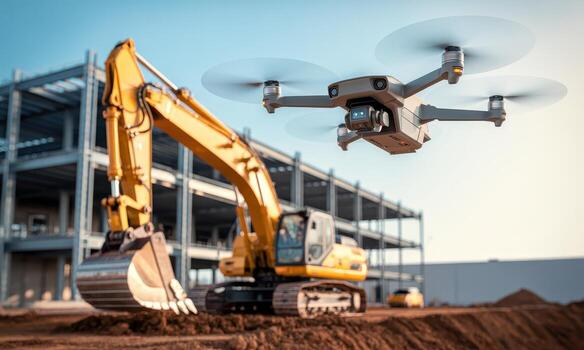 Modern drone flying over a yellow excavator at an active construction site with steel structure photo