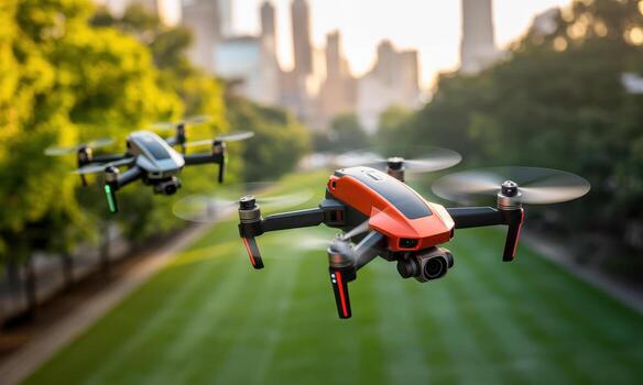 Dynamic shot of two modern drones, one red and one grey, flying mid air over a green park with city skyline photo