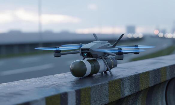 Advanced grey surveillance drone carrying a weapon on a city highway photo