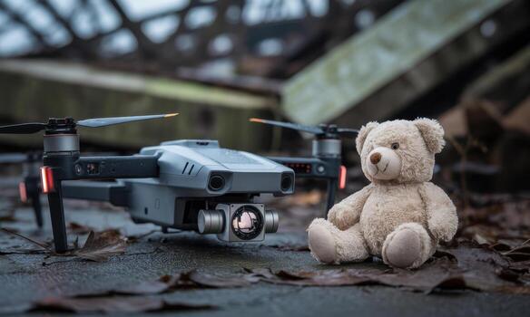 Advanced gray drone and a light brown teddy bear sitting on a damp ground with autumn leaves photo