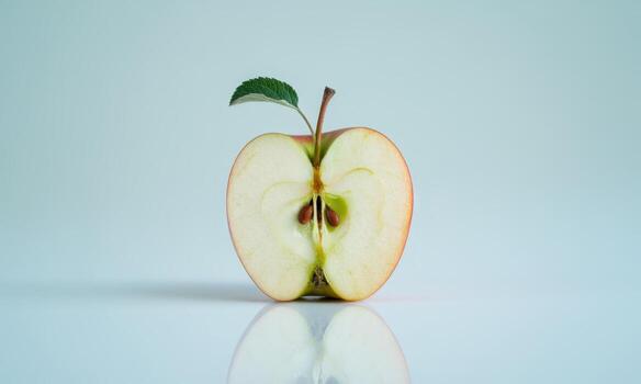 Bright red apple halved to reveal core and seeds with a green leaf on a pale blue background photo