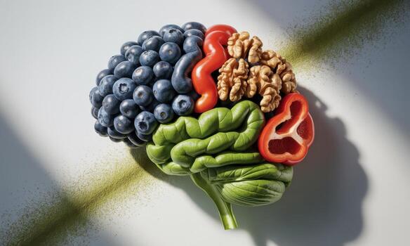 Abstract human brain composed of fresh blueberries, spinach, walnuts, and red pepper photo