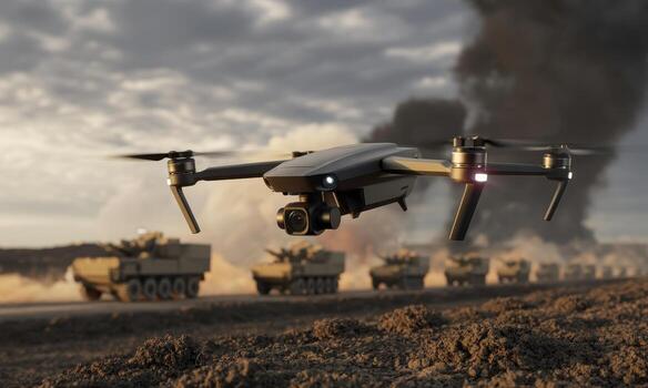 Modern reconnaissance drone hovering over a battlefield with military tanks and smoke photo