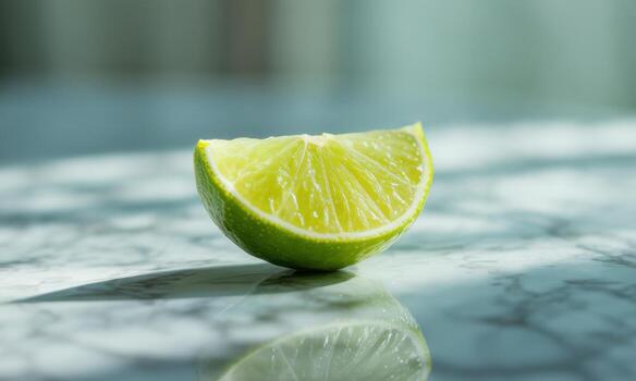 Vibrant green lime slice on reflective surface with natural light and shadow photo
