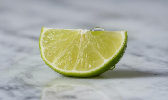 Fresh green lime slice with water drops on a marble surface, close up view photo