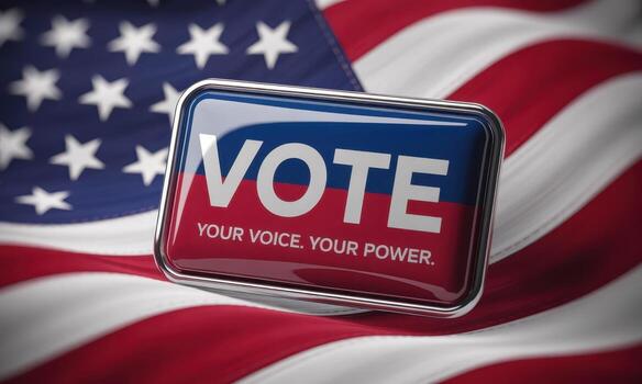 Glossy VOTE button with your voice your power on waving american flag photo