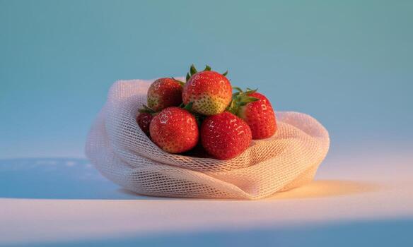 Vibrant cluster of fresh ripe red strawberries nestled in a delicate mesh bag photo