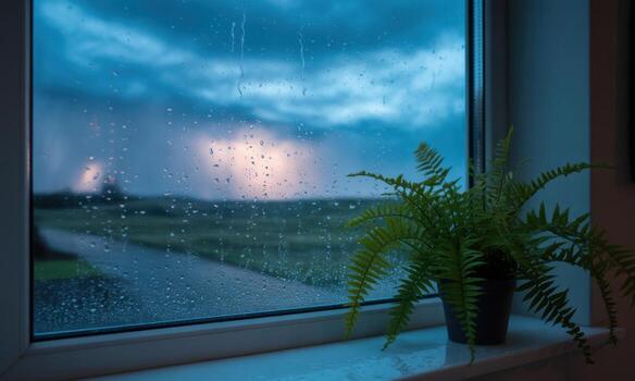Rain streaked window view of a stormy sky with distant lightning and a potted fern photo