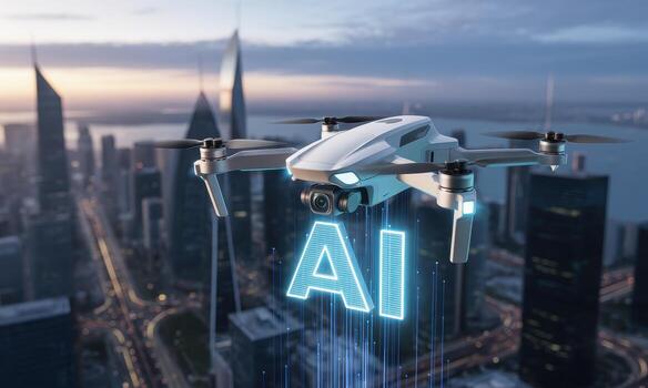 Advanced white quadcopter drone with AI technology flying over modern smart city skyline at dusk photo