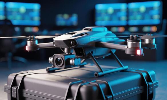 Advanced FPV military style drone with high tech surveillance camera in a control room photo
