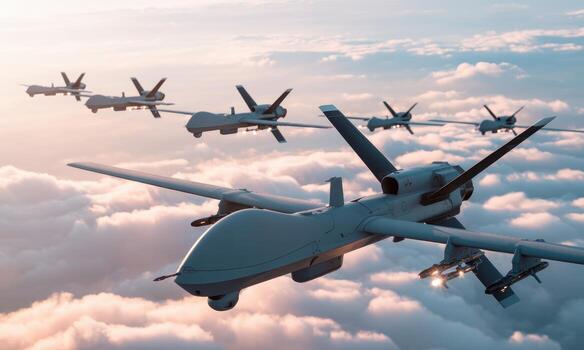 Advanced military combat drones flying in echelon formation above clouds at sunset photo