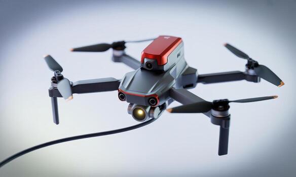 Modern FPV quadcopter drone with glowing camera lens and red accents on white background photo