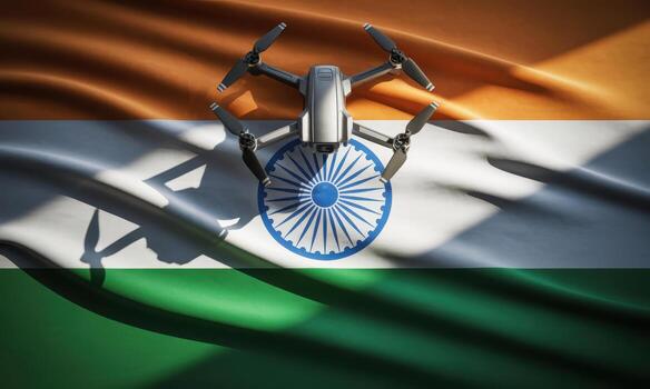 Modern drone resting on waving indian flag symbolizing technology and national progress photo