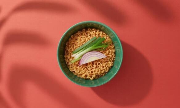 Minimalist flat lay of instant noodles bowl with scallions and red onion on red background photo