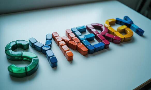 Vibrant interlocking puzzle pieces forming the word SYNERGY, symbolizing teamwork and unity photo