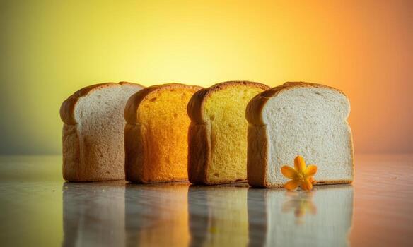 Assortment of white and yellow bread slices with a decorative orange flower on a reflective surface photo