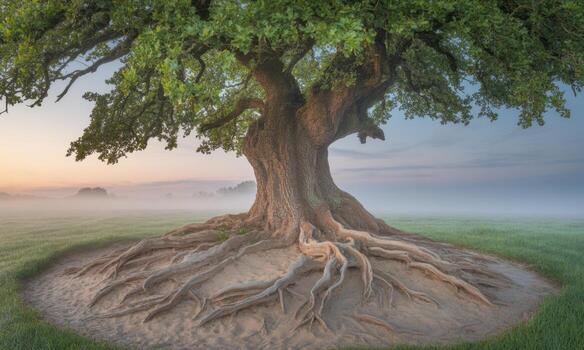 Powerful ancient tree with exposed root system in a serene misty field photo