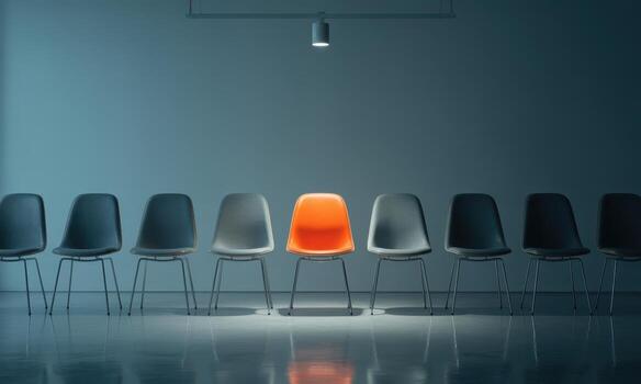 Vibrant orange chair standing out in a symmetrical row of dark chairs in a minimalist room photo
