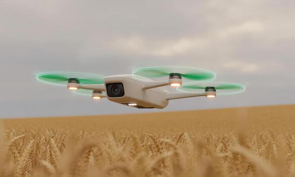 Sleek white drone with glowing green propellers flying over a golden wheat field for agricultural monitoring photo