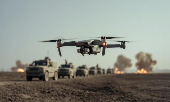 Advanced surveillance drone flying over a battlefield with military convoy and explosions photo