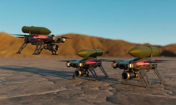 Advanced combat drones armed with missiles ready for action in a desert terrain photo