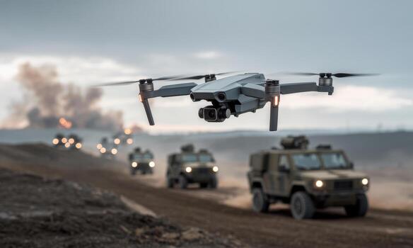 Advanced surveillance drone observing military convoy on a battlefield with distant explosions photo