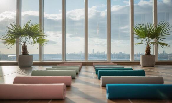 Spacious modern yoga studio with city skyline view and rolled mats ready for wellness session photo