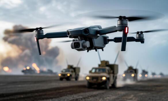 Advanced military drone flying above a battlefield with armored vehicles and distant explosions photo