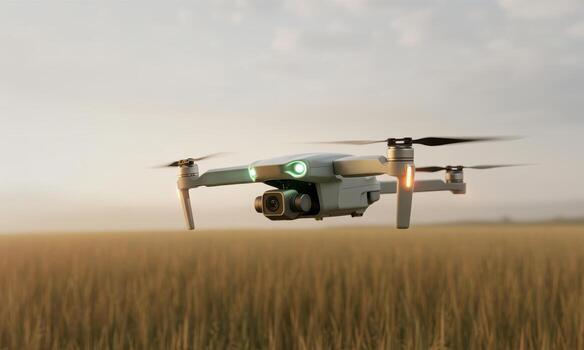Modern white drone with camera and illuminated propellers flying over golden wheat field photo