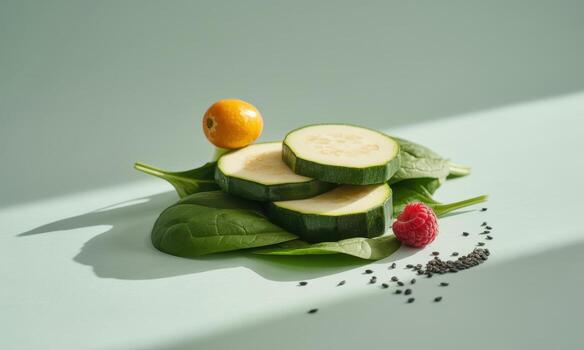 Healthy fresh cucumber slices, spinach, kumquat, raspberry, and sesame seeds on mint green photo