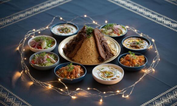 Lavish middle eastern feast with rice, lamb, and assorted dishes on a festive table photo