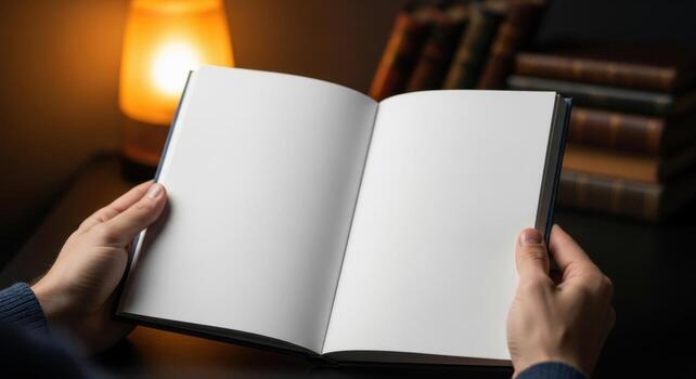 Hands holding an open blank book with white pages, illuminated by a warm lamp light photo