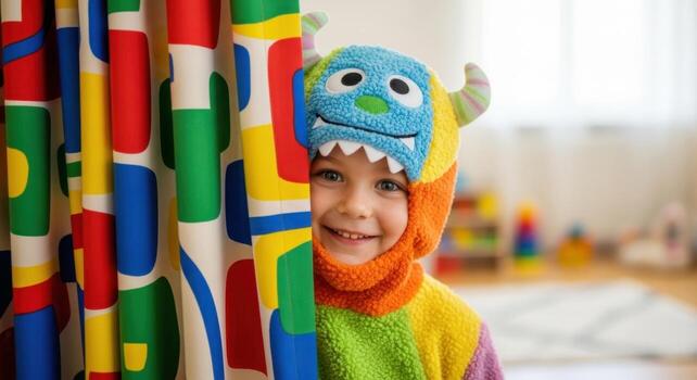 Smiling child in colorful monster costume peeking from behind a vibrant patterned curtain photo