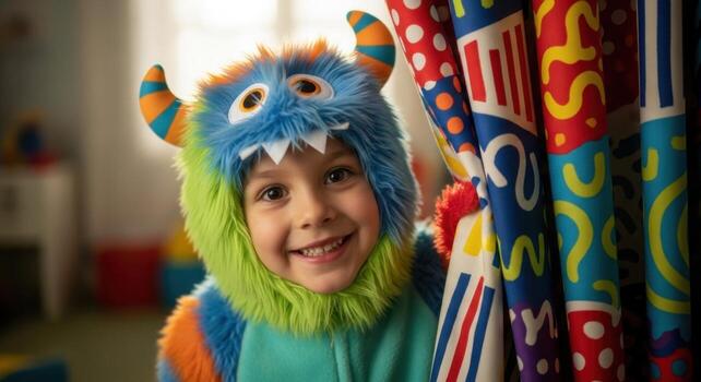 Smiling child in colorful monster costume peeking from behind vibrant patterned curtain photo
