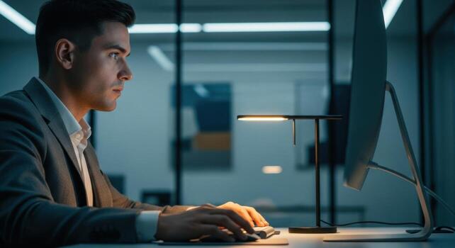 enfocado joven profesional hombre utilizando un computadora a su escritorio en un tenuemente iluminado oficina foto