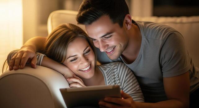 Smiling young couple enjoying digital content on a tablet device at home in the evening photo