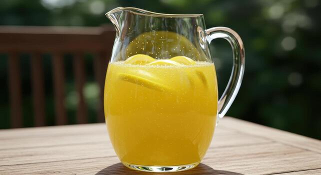 Fresh lemonade pitcher with lemon slices on a wooden table outdoors in summer light photo