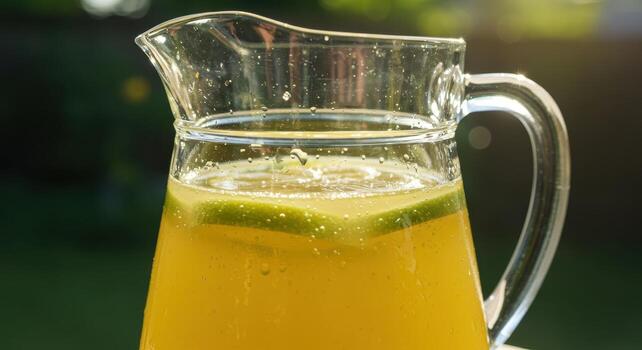 Fresh lemonade pitcher with lime slices in bright summer light, a refreshing outdoor drink photo