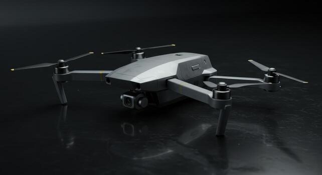 Modern aerial drone with advanced camera technology on a sleek dark surface photo